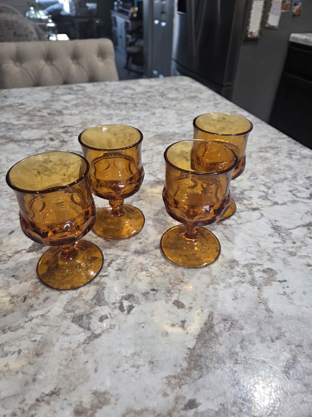 (4) Amber Indiana Glass Thumbprint Kings Crown Goblets Cordial Glass 4 1/4” VTG